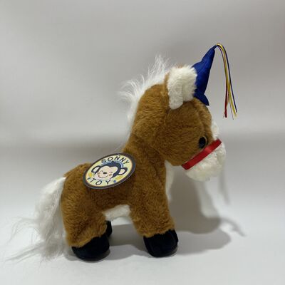 Running Brown Pony Plush Toy with Hoofbeats Button on Tail Electric Running Horse with Party Hat