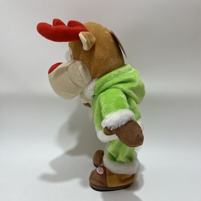 Christmas Musical Swinging Reindeer Plush Toy Head Shaking Wobbling Mechanism Green Elf Outfit Red-Nosed Reindeer